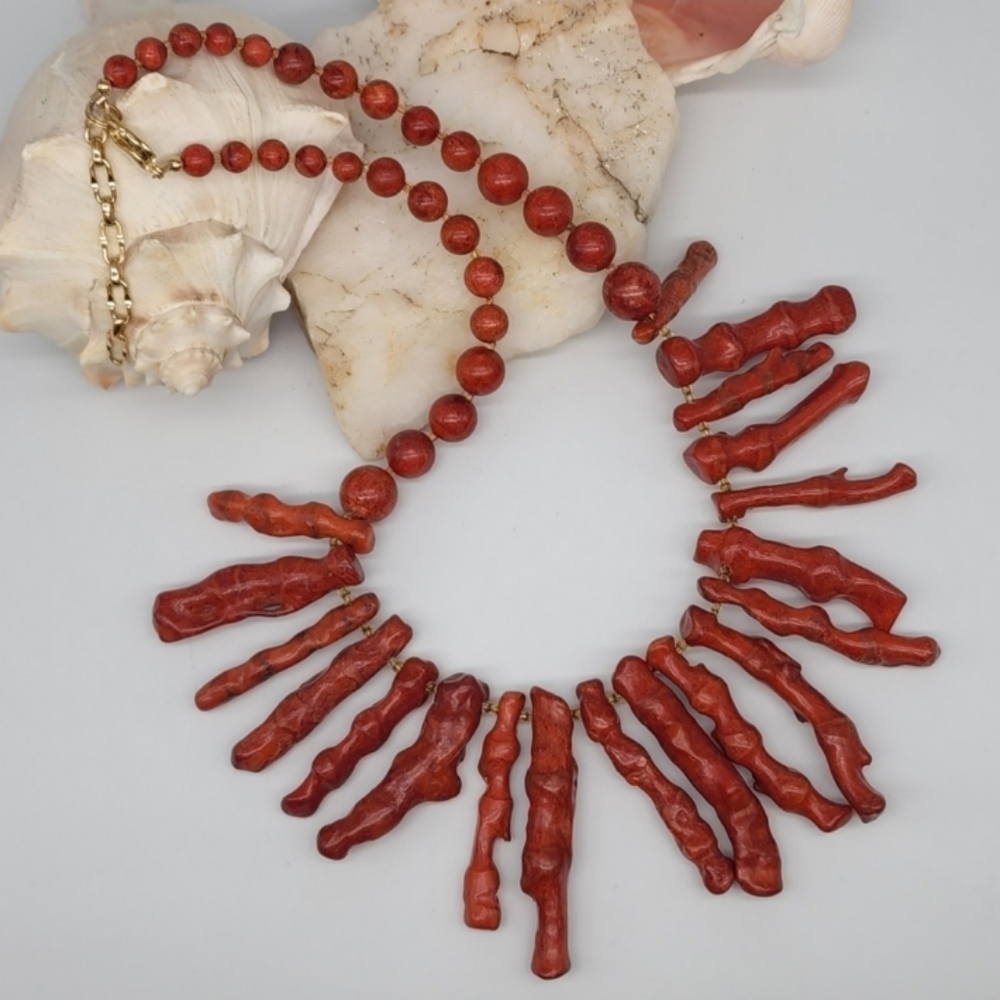 Natural Raw Red Coral Stone Genuine Necklace 14K Gold Filled Clasp